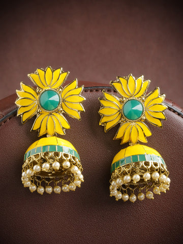 Gold-Plated Floral Patterned Jhumka Earrings with Meenakari work in Yellow and Green Color