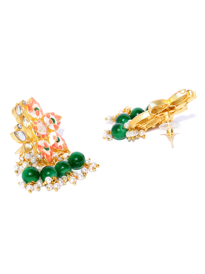 Gold-Plated Kundan Studded Meenakari Drop Earrings in Floral Pattern with Beads Drop