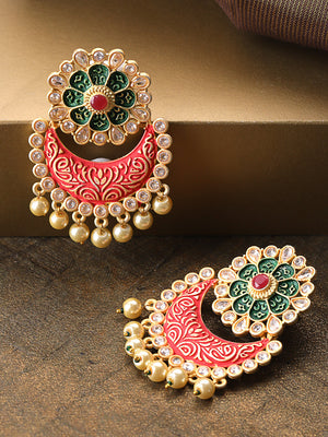 Gold-Plated Stones Studded Floral Patterned Drop Earrings with Meenakari work in Red And Green Color