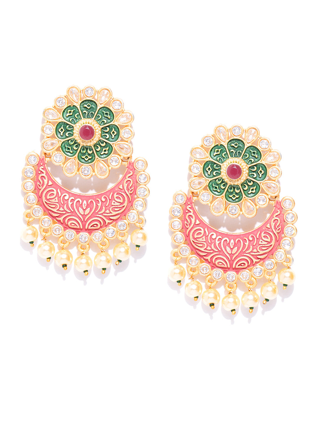 Gold-Plated Stones Studded Floral Patterned Drop Earrings with Meenakari work in Red And Green Color