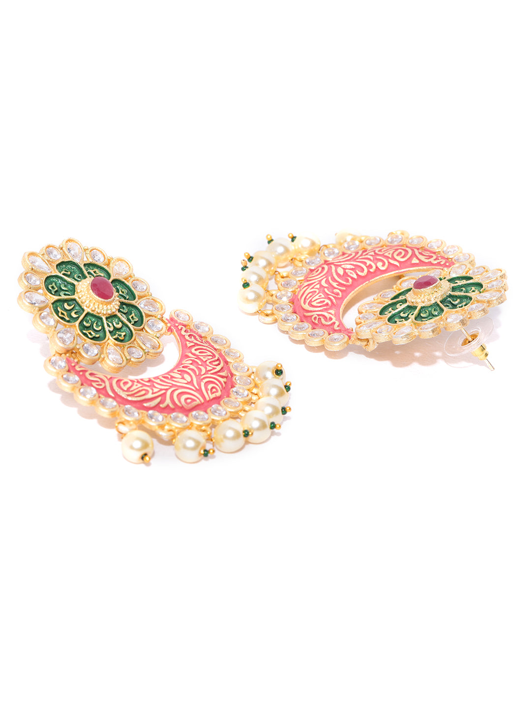 Gold-Plated Stones Studded Floral Patterned Drop Earrings with Meenakari work in Red And Green Color