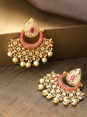 Gold-Plated Stones Studded Meenakari Drop Earrings in Red Color with Pearls Drop