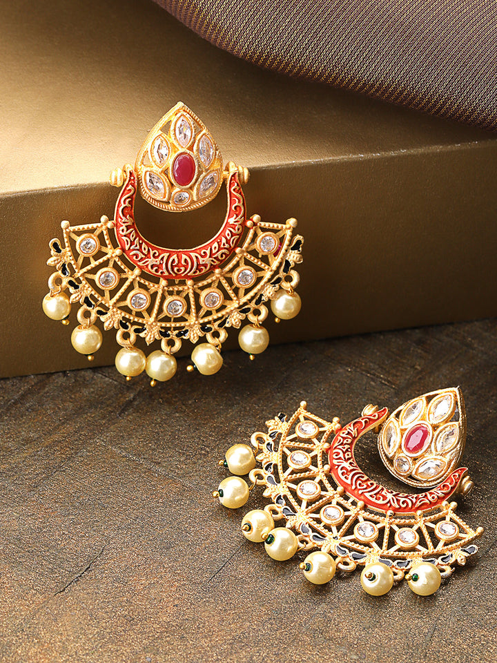 Gold-Plated Stones Studded Meenakari Drop Earrings in Red Color with Pearls Drop