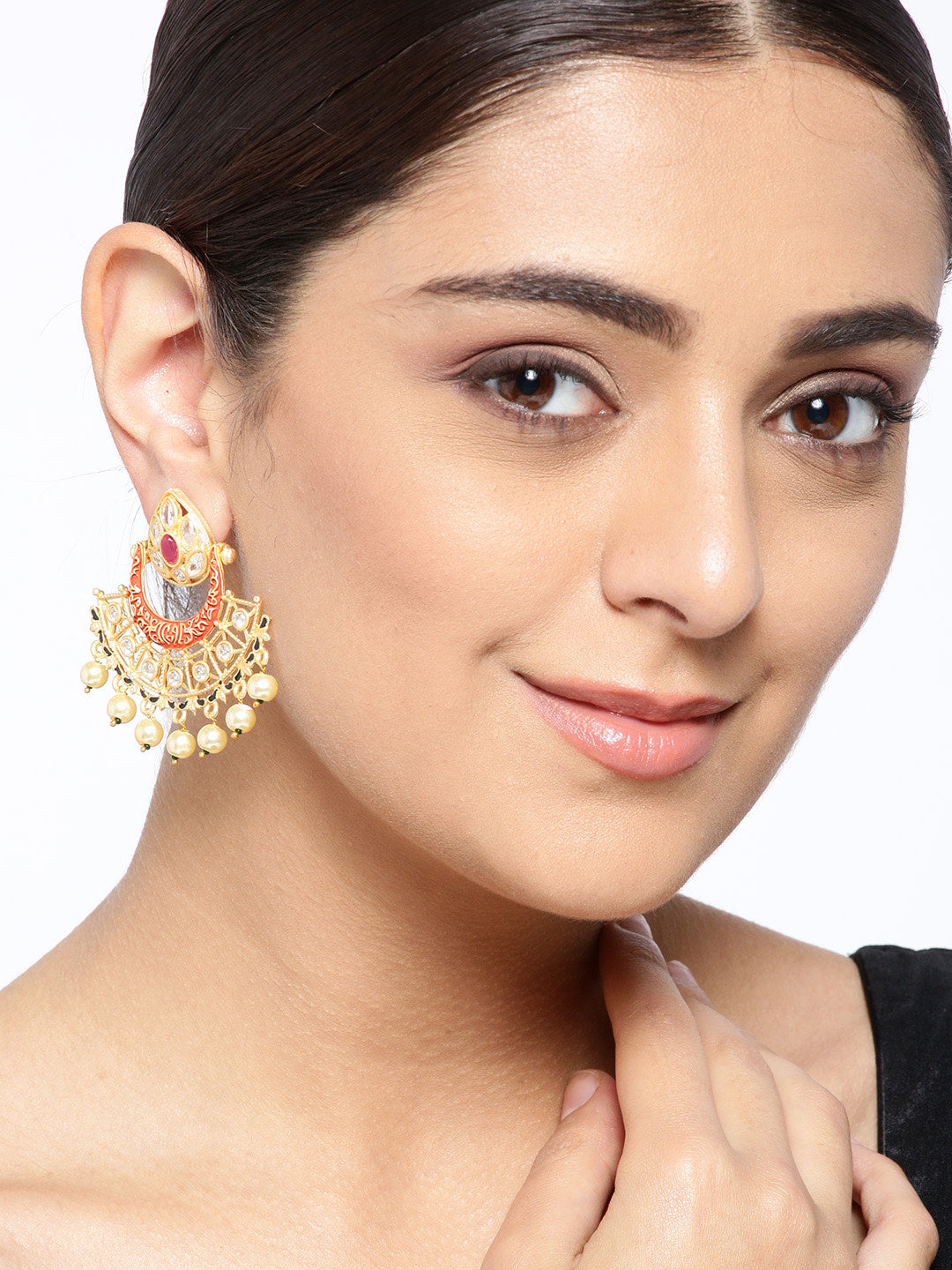 Gold-Plated Stones Studded Meenakari Drop Earrings in Red Color with Pearls Drop