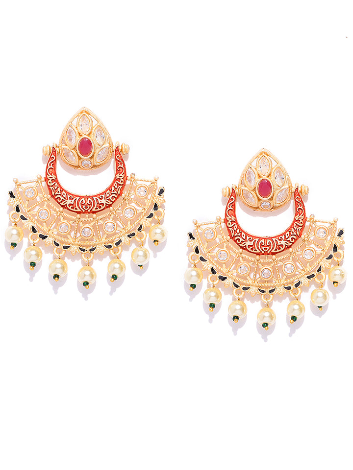 Gold-Plated Stones Studded Meenakari Drop Earrings in Red Color with Pearls Drop