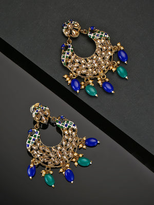 Gold-Plated Peacock Inspired Chandbali Earrings with Blue And Green Beads Drop