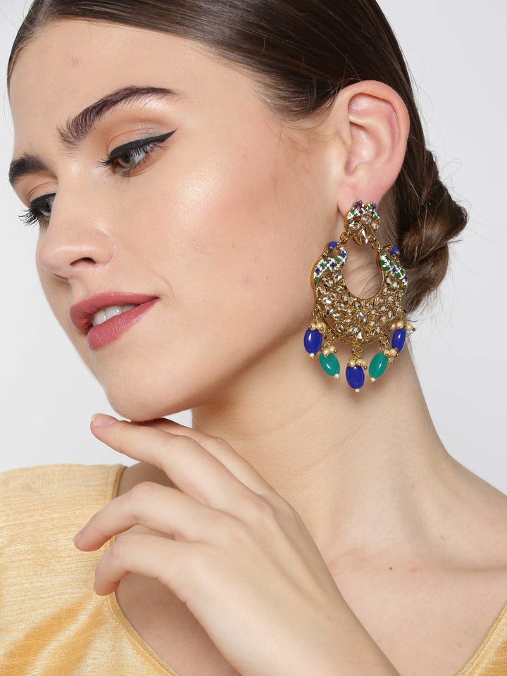 Gold-Plated Peacock Inspired Chandbali Earrings with Blue And Green Beads Drop