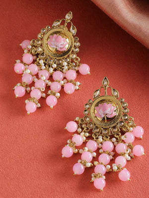 Gold-Plated Stones Studded Pink Beaded Waterfall Earrings in Floral Pattern