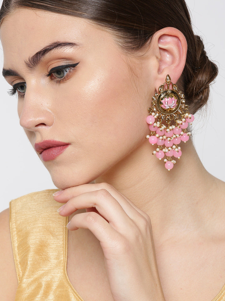 Gold-Plated Stones Studded Pink Beaded Waterfall Earrings in Floral Pattern