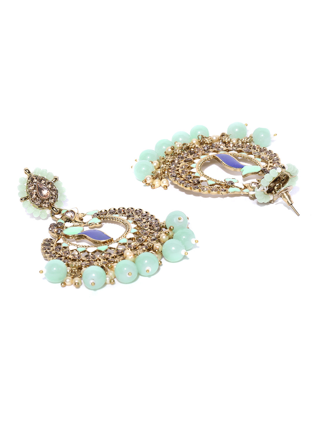 Gold-Plated Stones Studded Peacock Inspired Chandbali Earrings in Mint Green and Blue Color with Beads Drop