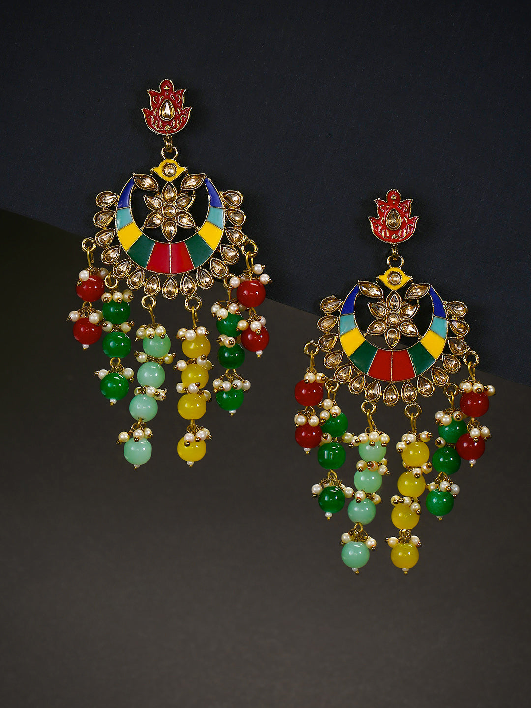 Gold-Plated Stone Studded Multicolor Meenakari Waterfall Earrings In Chandbali Style