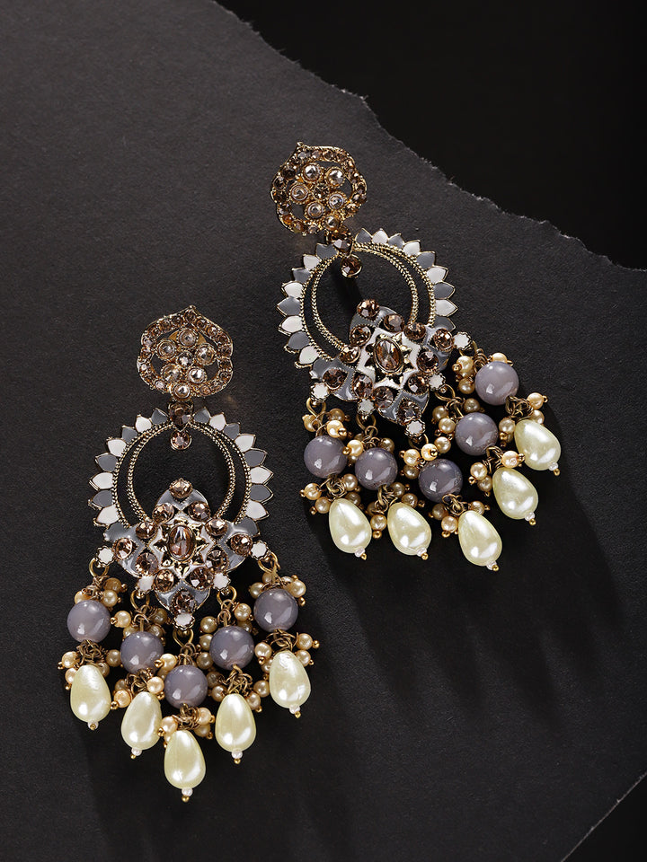 Gold-Plated Stone Studded Beaded Drop Earrings with Meenakari Work In Grey And white Color