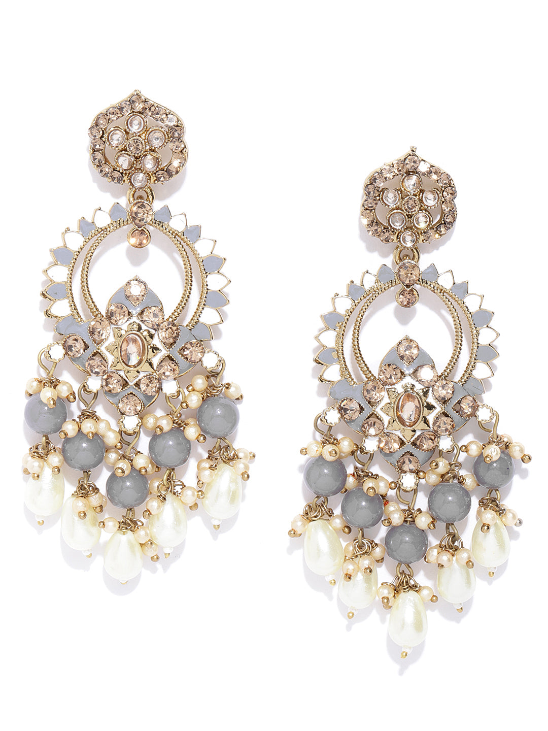 Gold-Plated Stone Studded Beaded Drop Earrings with Meenakari Work In Grey And white Color