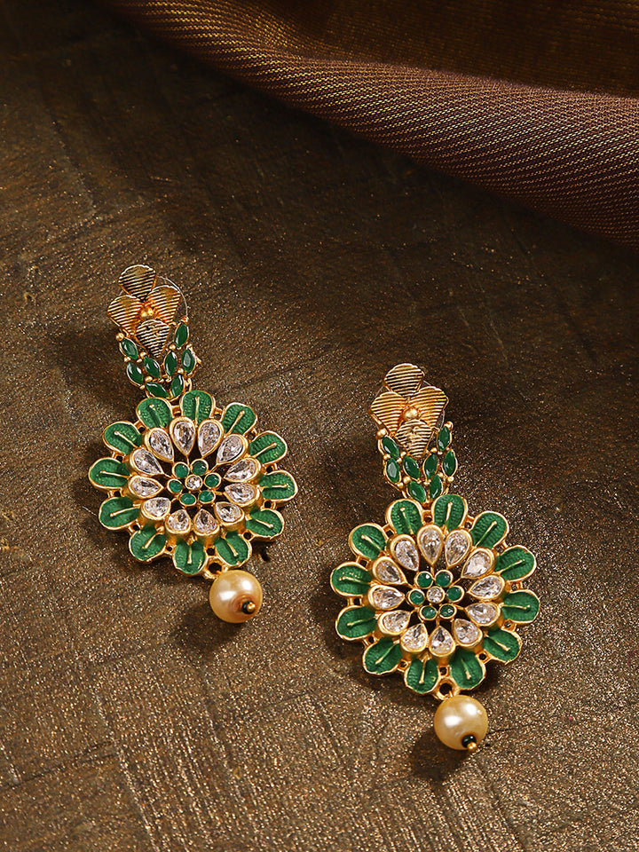 Matte Gold Finish Stone Studded Green Floral Pattern Drop Earrings