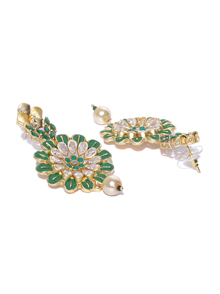 Matte Gold Finish Stone Studded Green Floral Pattern Drop Earrings