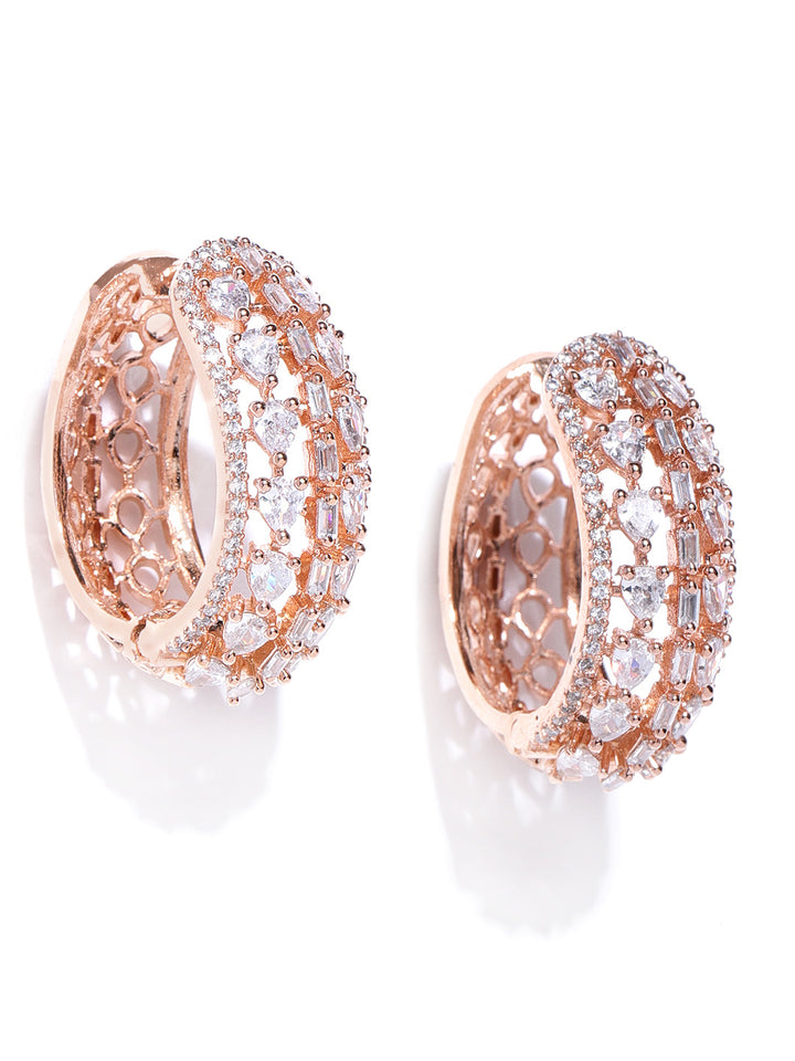 Rose Gold-Plated American Diamond Studded Small Hoop Earrings