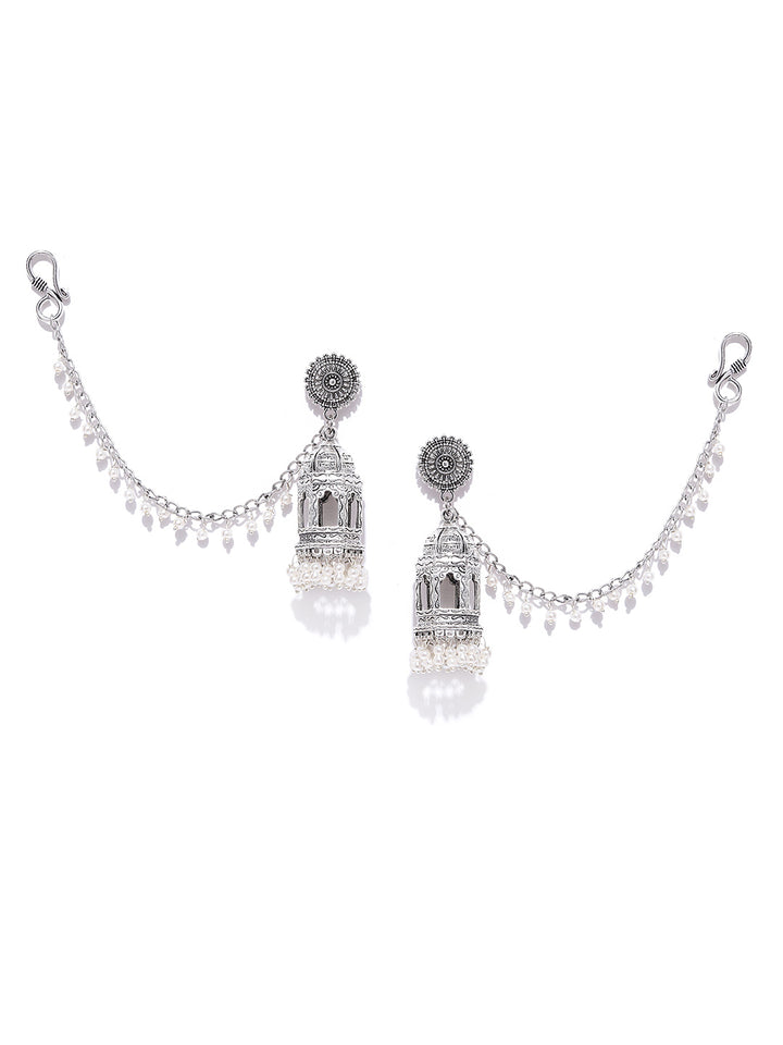 Oxidised Silver Plated Temple Drop Earrings With Beaded Chain