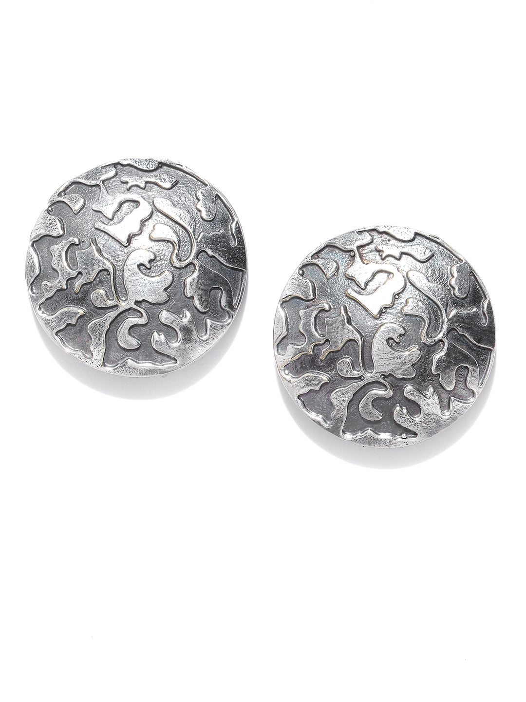Oxidised Silver-Plated Circular Stud Earrings With Embossed Texture