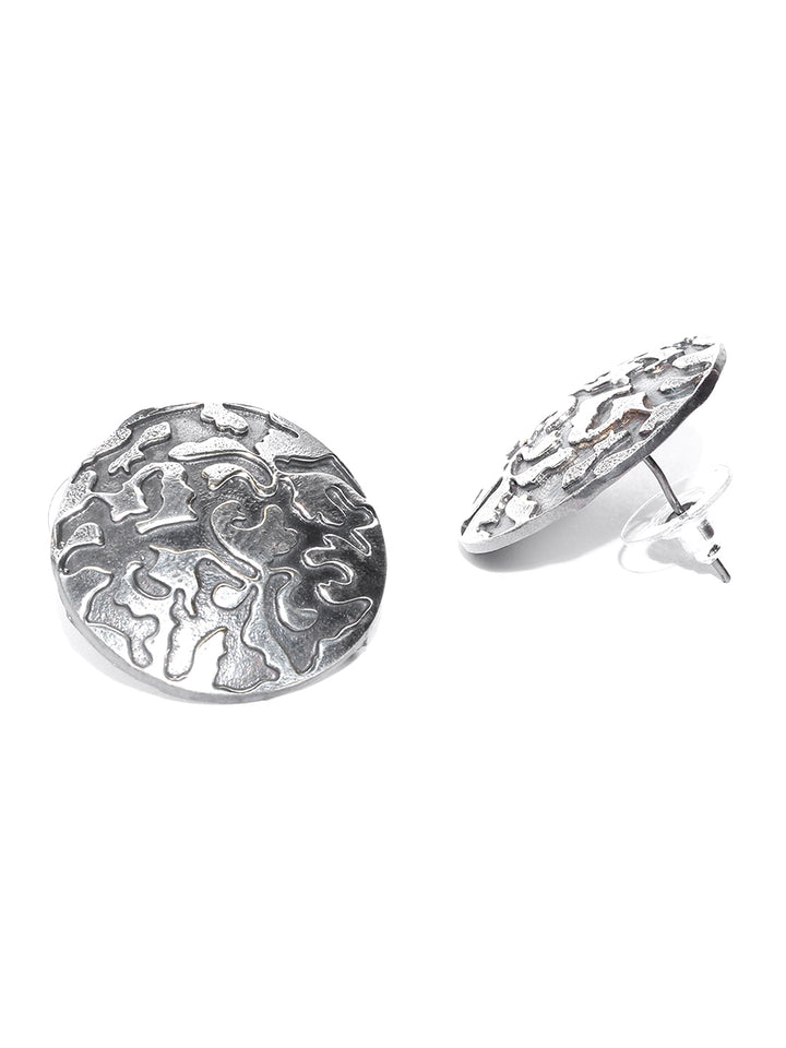 Oxidised Silver-Plated Circular Stud Earrings With Embossed Texture