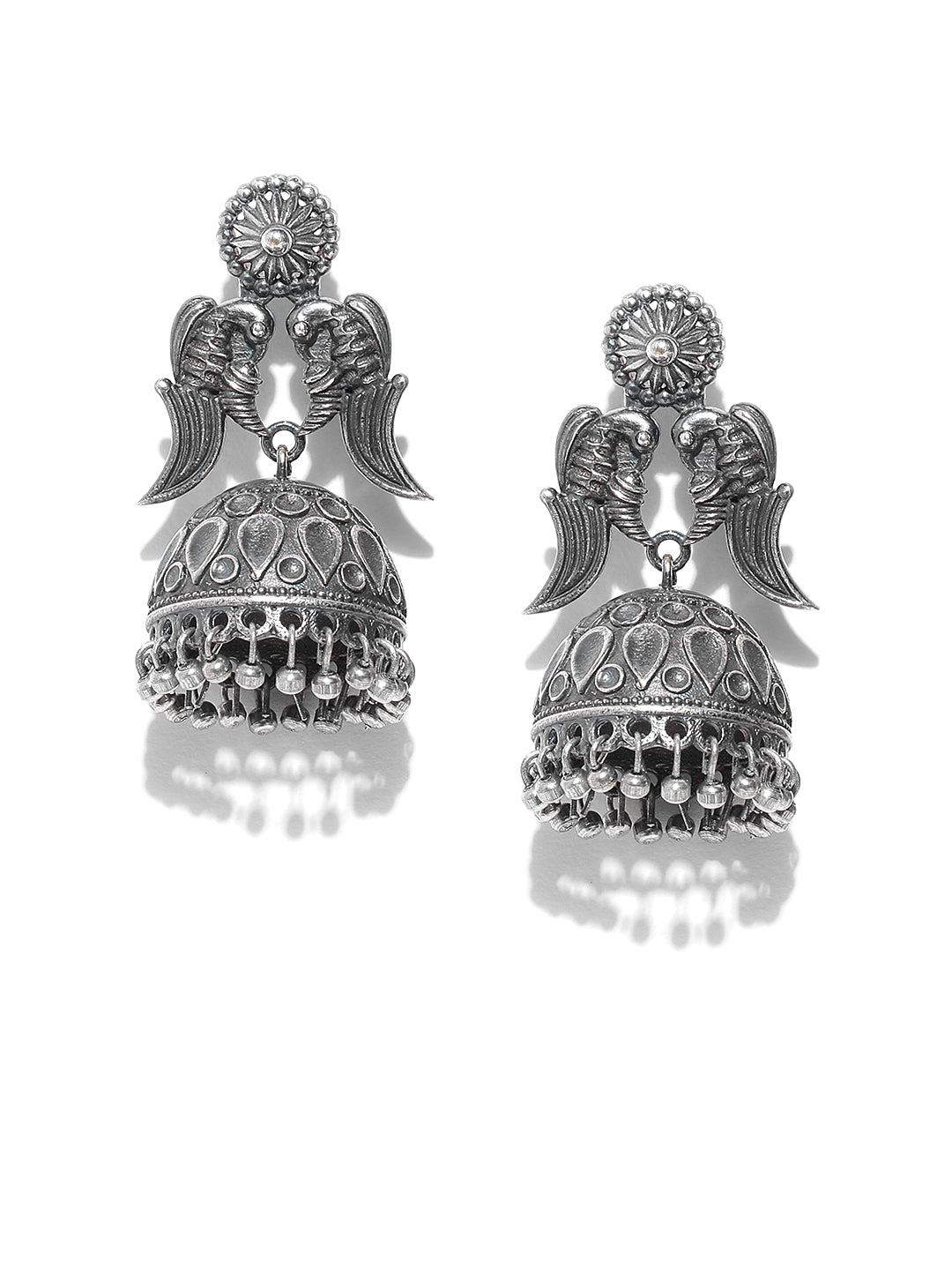 Oxidised Silver-Plated Peacock Inspired Jhumka Earrings