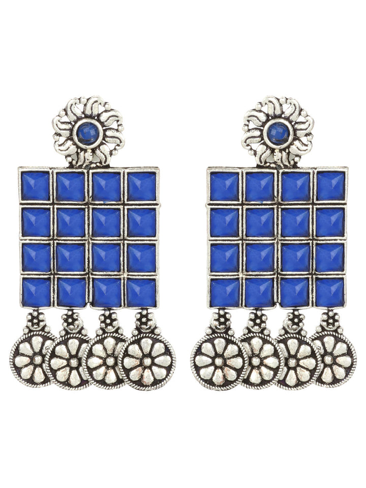 Oxidised Silver Plated Blue Stone Studded Square Shaped Drop Earrings