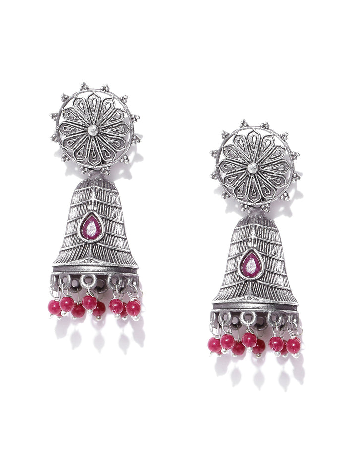 Oxidised Silver-Plated Jhumka Earrings With Maroon Beads Drop