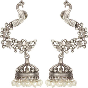Oxidised Silver Peacock Inspired Off- White Beaded Jhumka Earrings
