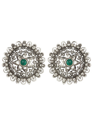Oxidised Silver Plated Self Design Floral Stud Earrings