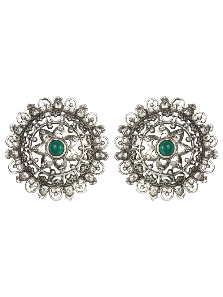 Oxidised Silver Plated Self Design Floral Stud Earrings