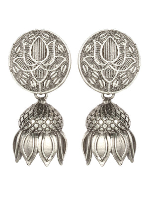 Oxidised Silver Plated Lotus Inspired Drop Earrings For Women