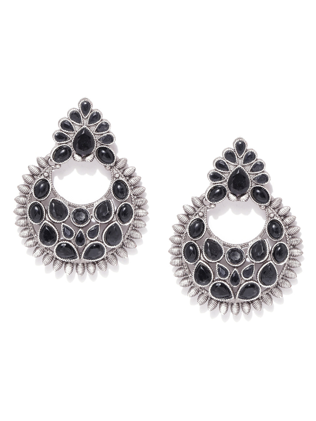 Oxidised Silver-Plated Black Stones Studded Chandbali Earrings