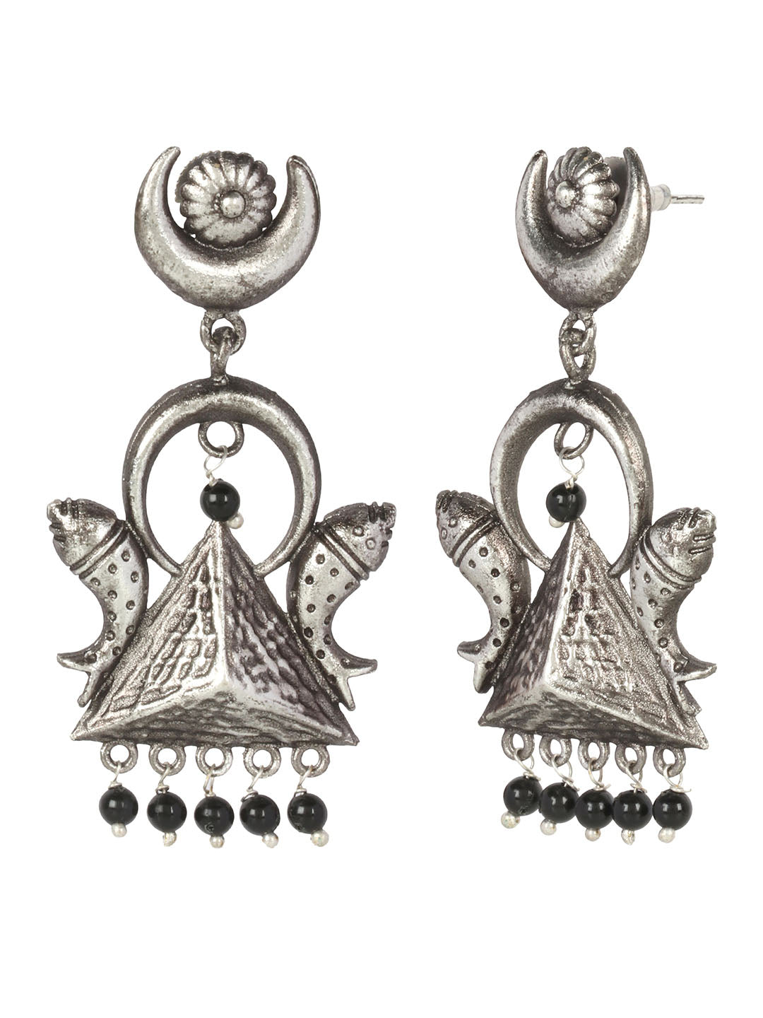 Oxidised Silver Pyramid And Fish Inspired Drop Earrings