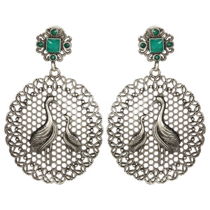 Oxidised Silver Plated Peacock Inspired Beehive Design Drop Earrings