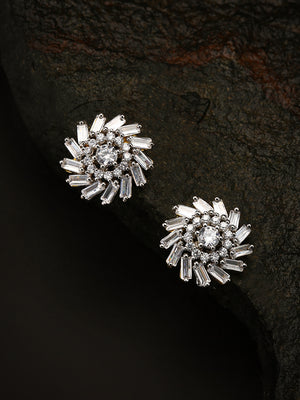 Gold-Plated American Diamond Studded Stud Earrings in Floral Pattern