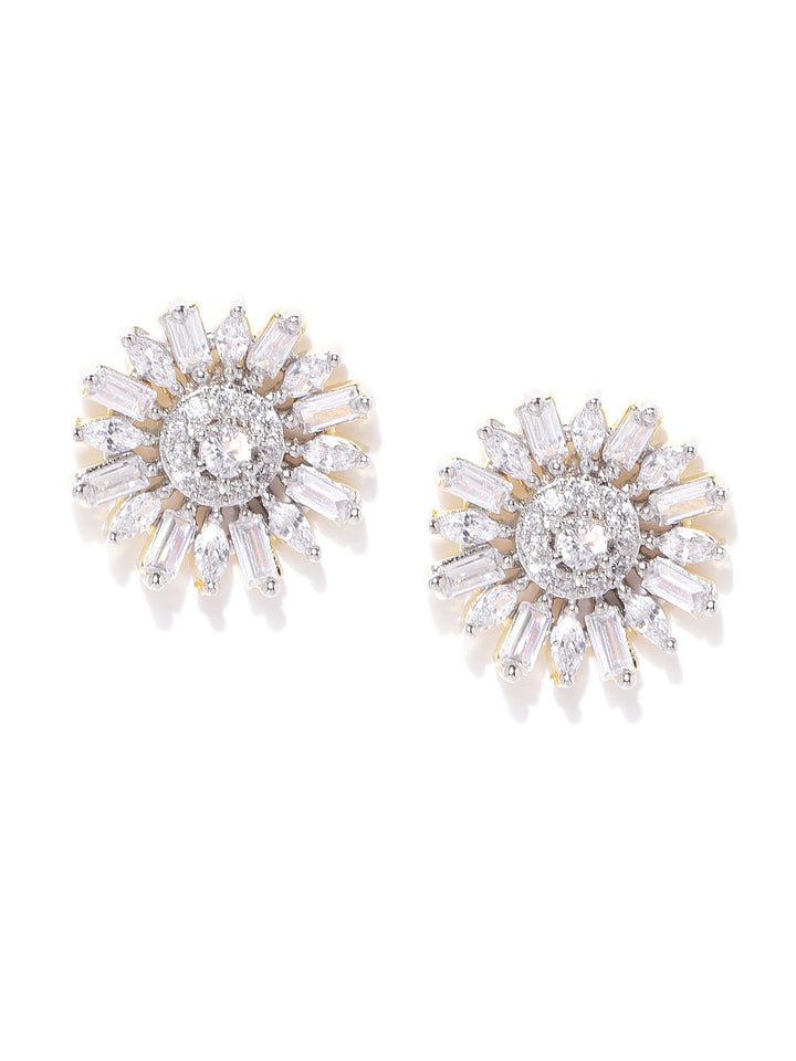 Gold-Plated American Diamond Studded Stud Earrings in Floral Pattern