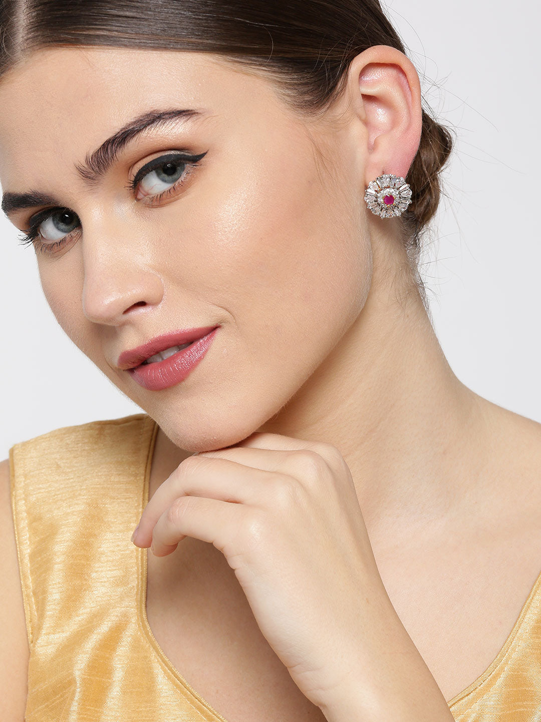 Floral Dazzle - Gold-Plated American Diamond and Ruby Studded Stud Earrings