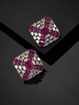 Intense Appeal - Gunmetal Plated AD & Magenta Stone Studded Square Stud Earrings