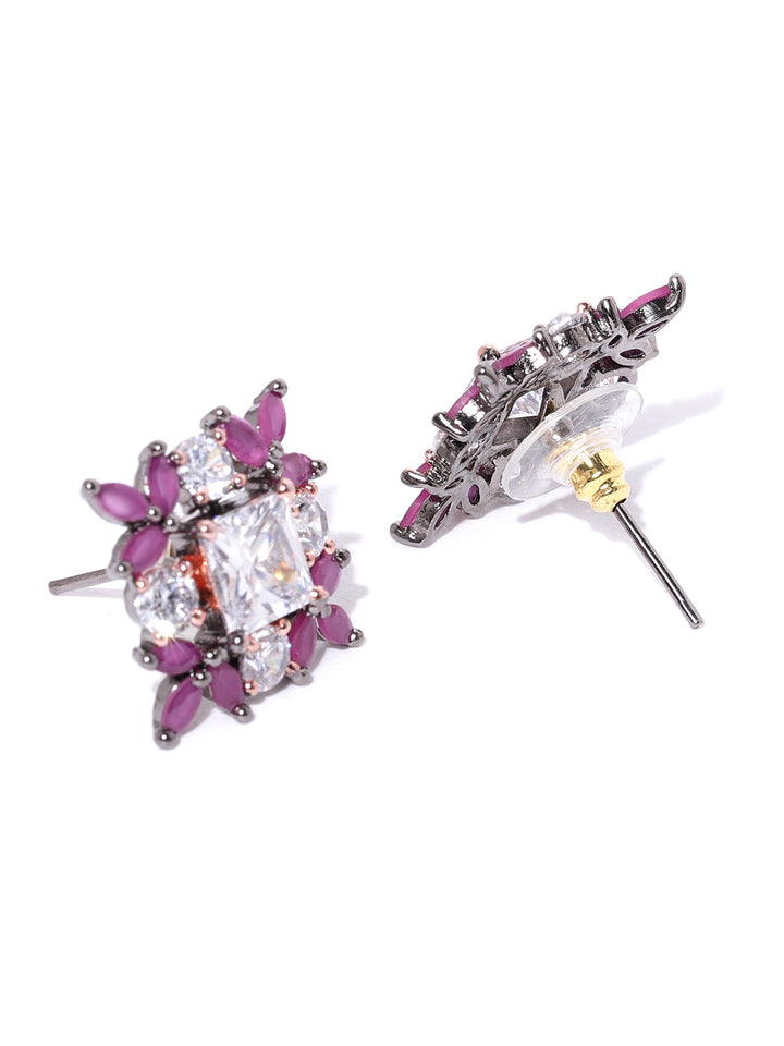 Gunmetal Plated AD & Floral Magenta Stone Studded Square Stud Earrings