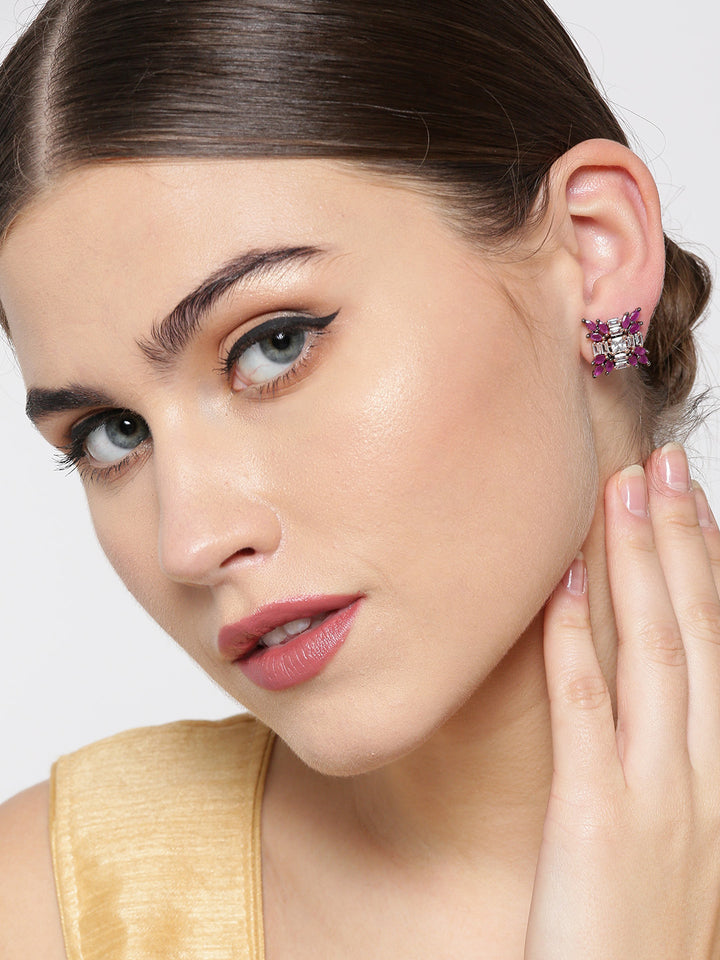 Gunmetal-Plated American Diamond Magenta Stones Earrings in Floral Pattern