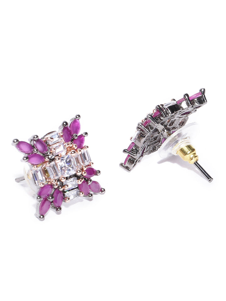 Gunmetal-Plated American Diamond Magenta Stones Earrings in Floral Pattern