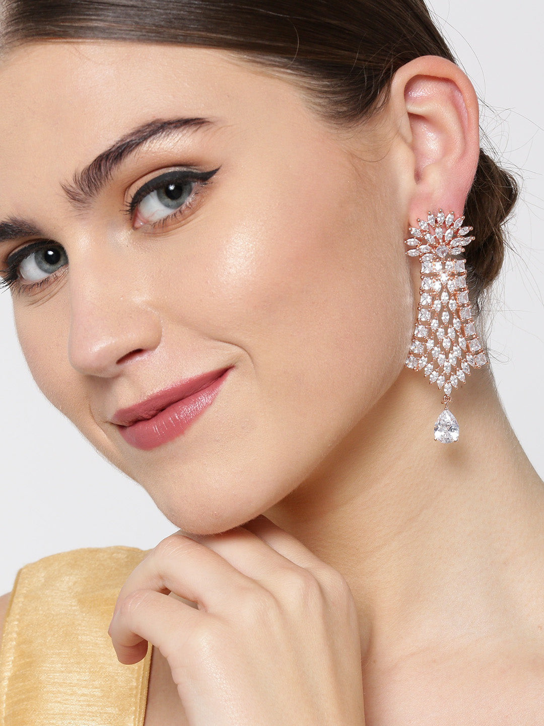 Drop Desire-Rose Gold-Plated American Diamond Studded Earrings