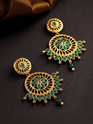 Gold Plated Emerald Stone Studded Circular Drop Earrings