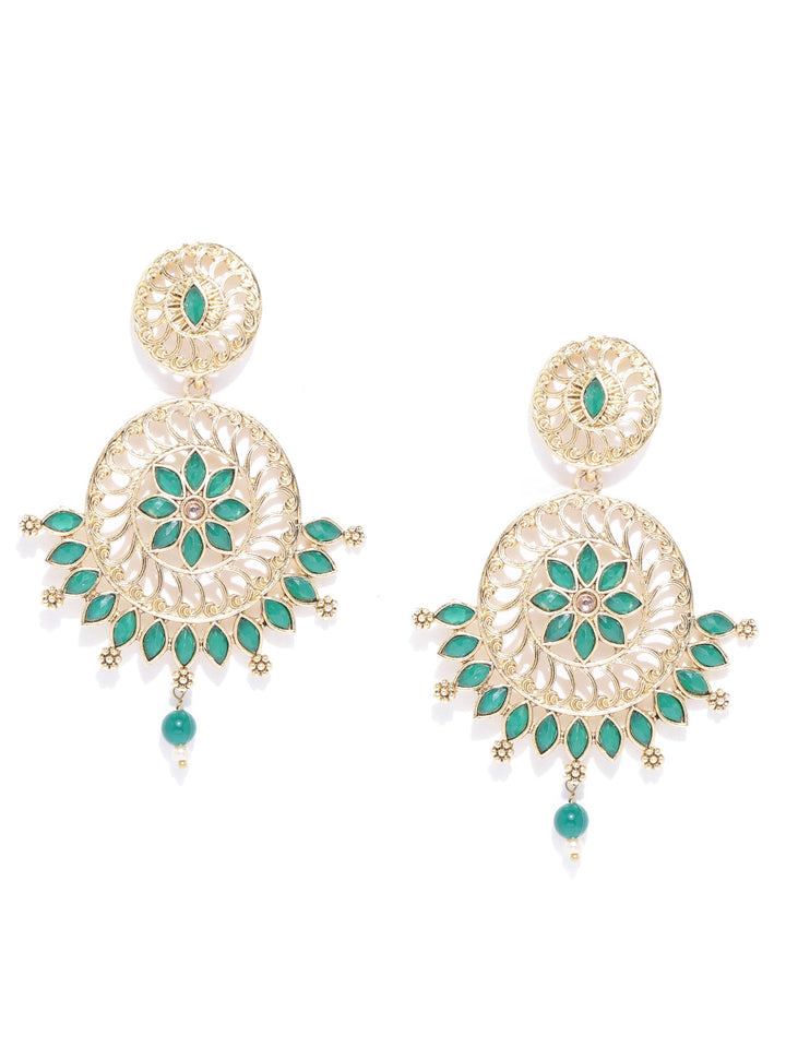 Gold Plated Emerald Stone Studded Circular Drop Earrings