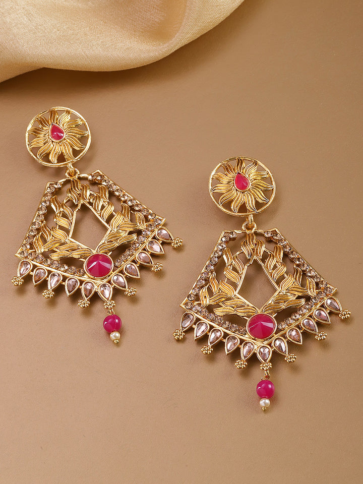 Gold Plated Leaf Pattern Pink Geometric Drop Earrings