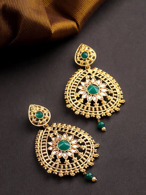 Gold Plated Emerald Studded Teardrop Shaped Earrings