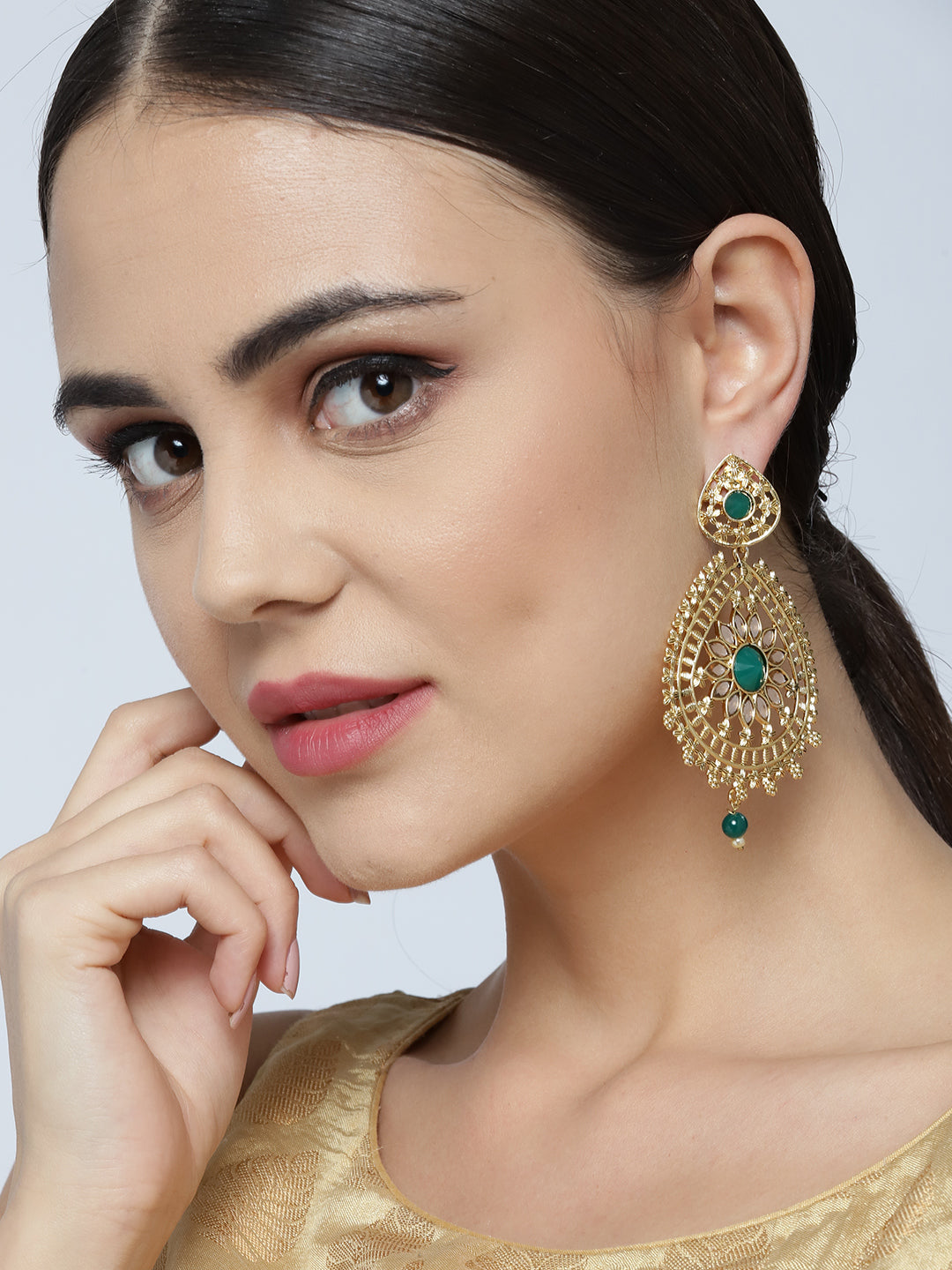 Gold Plated Emerald Studded Teardrop Shaped Earrings