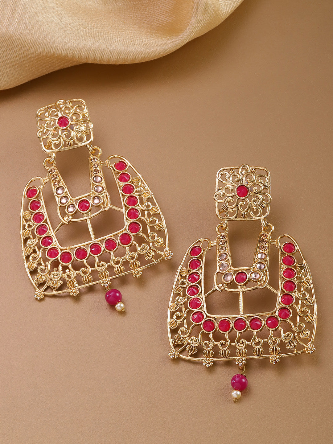 Gold Plated Ruby Studded Geometric Drop Earrings