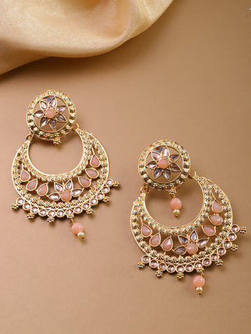 Gold Plated & Pink Stoned Chandbalis Drop Earrings
