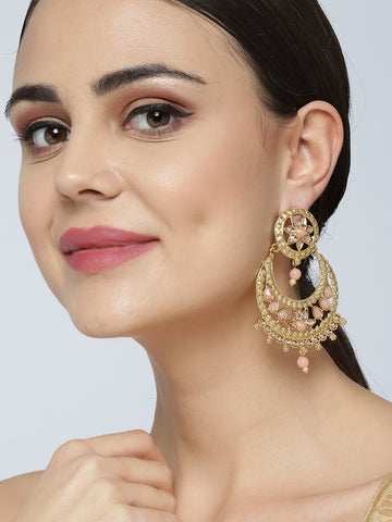Gold Plated & Pink Stoned Chandbalis Drop Earrings