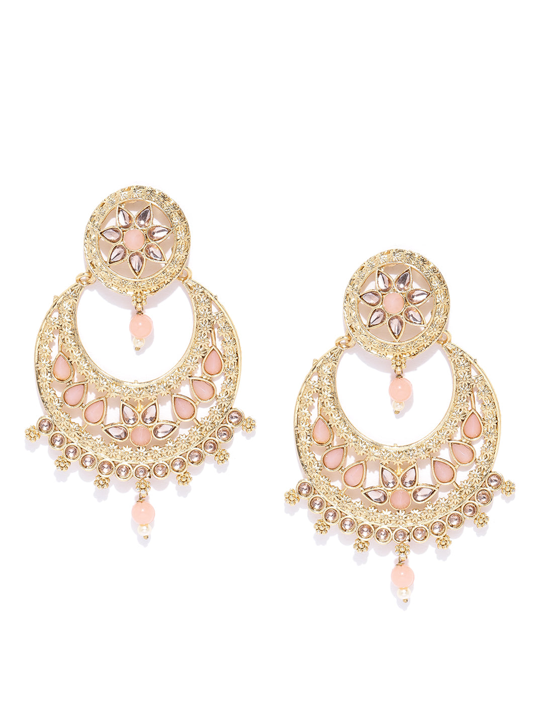 Gold Plated & Pink Stoned Chandbalis Drop Earrings